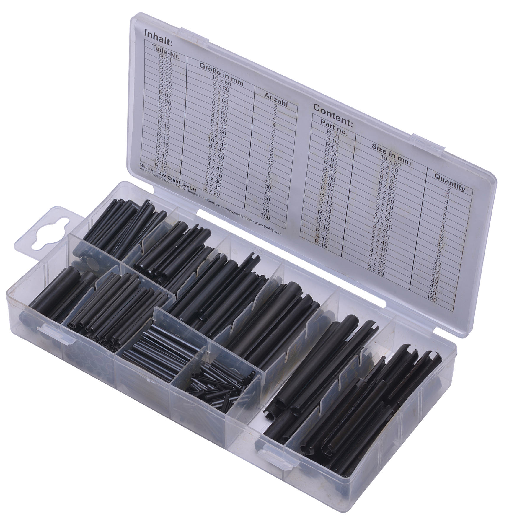 SW-STAHL S8054 Hohlsplint/Federstift-Sortiment, 450-teilig