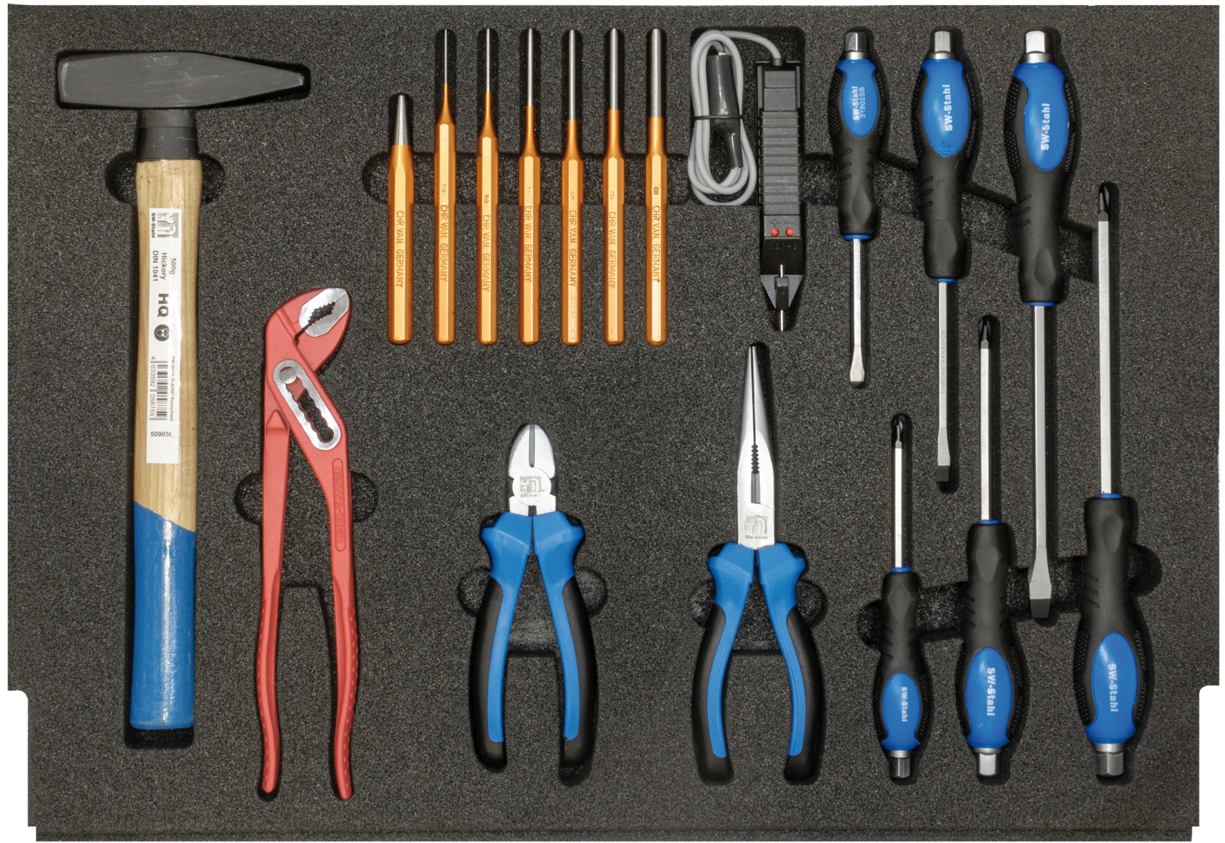 SW-Stahl Werkstattwagensortiment, Hammer, Zangen, Schraubendreher, 18-teilig