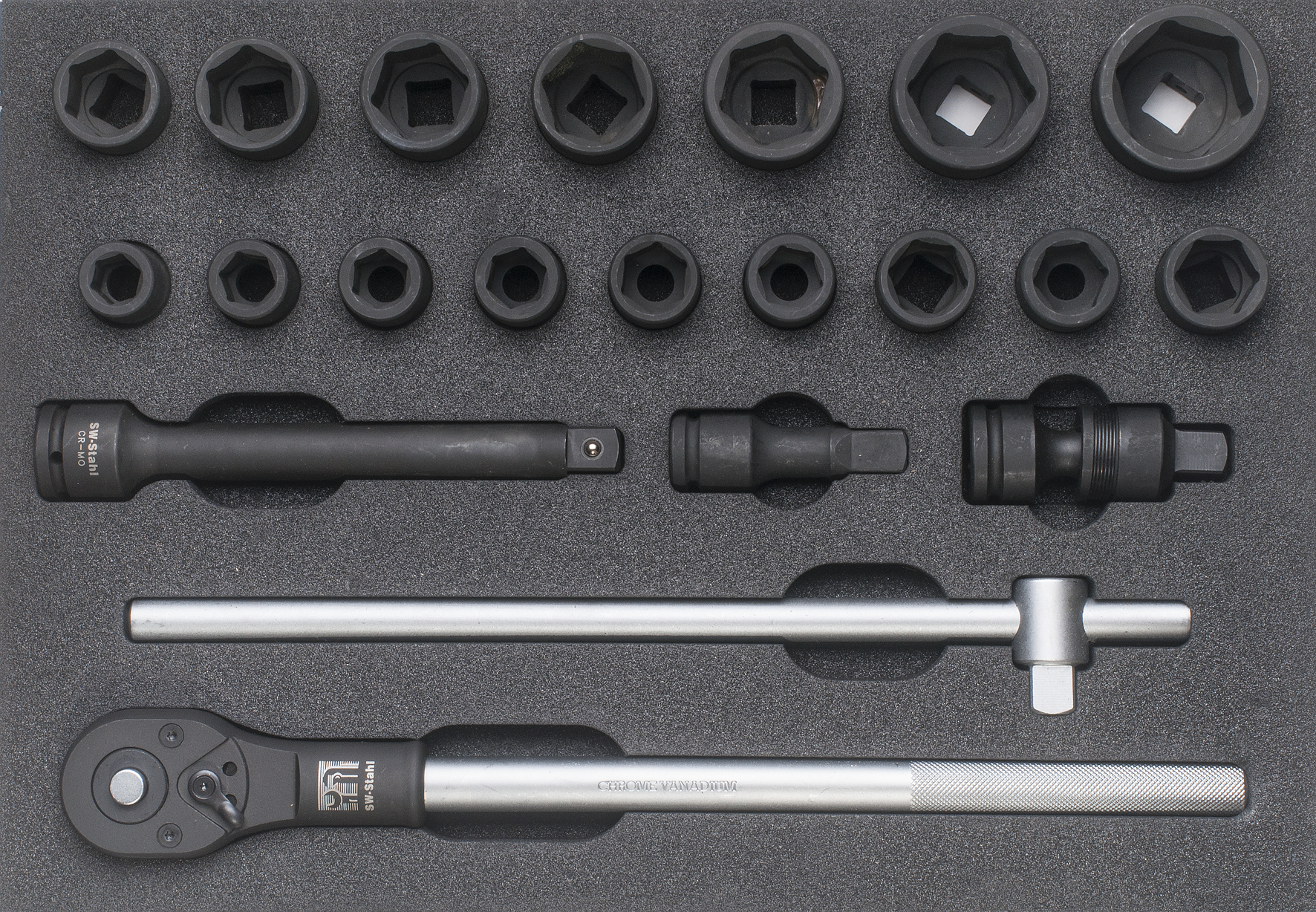 SW-Stahl Werkstattwagensortiment, Steckschl&uuml;ssel 3/4&ldquo;, mit Ratsche, 21-teilig