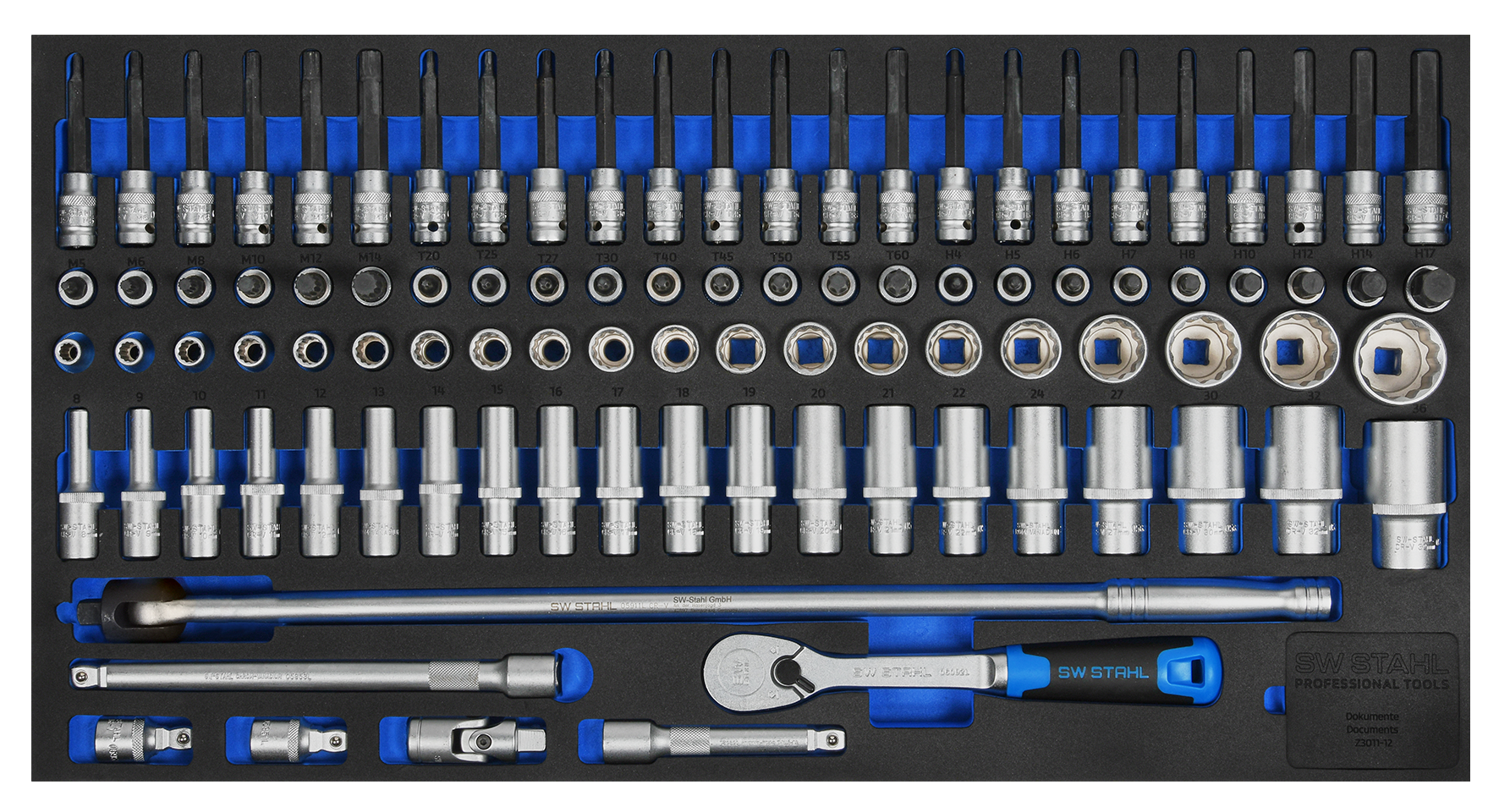 SW-Stahl Werkstattwagensortiment, Steckschl&uuml;ssel 1/2&ldquo;, mit Ratsche, 95-teilig