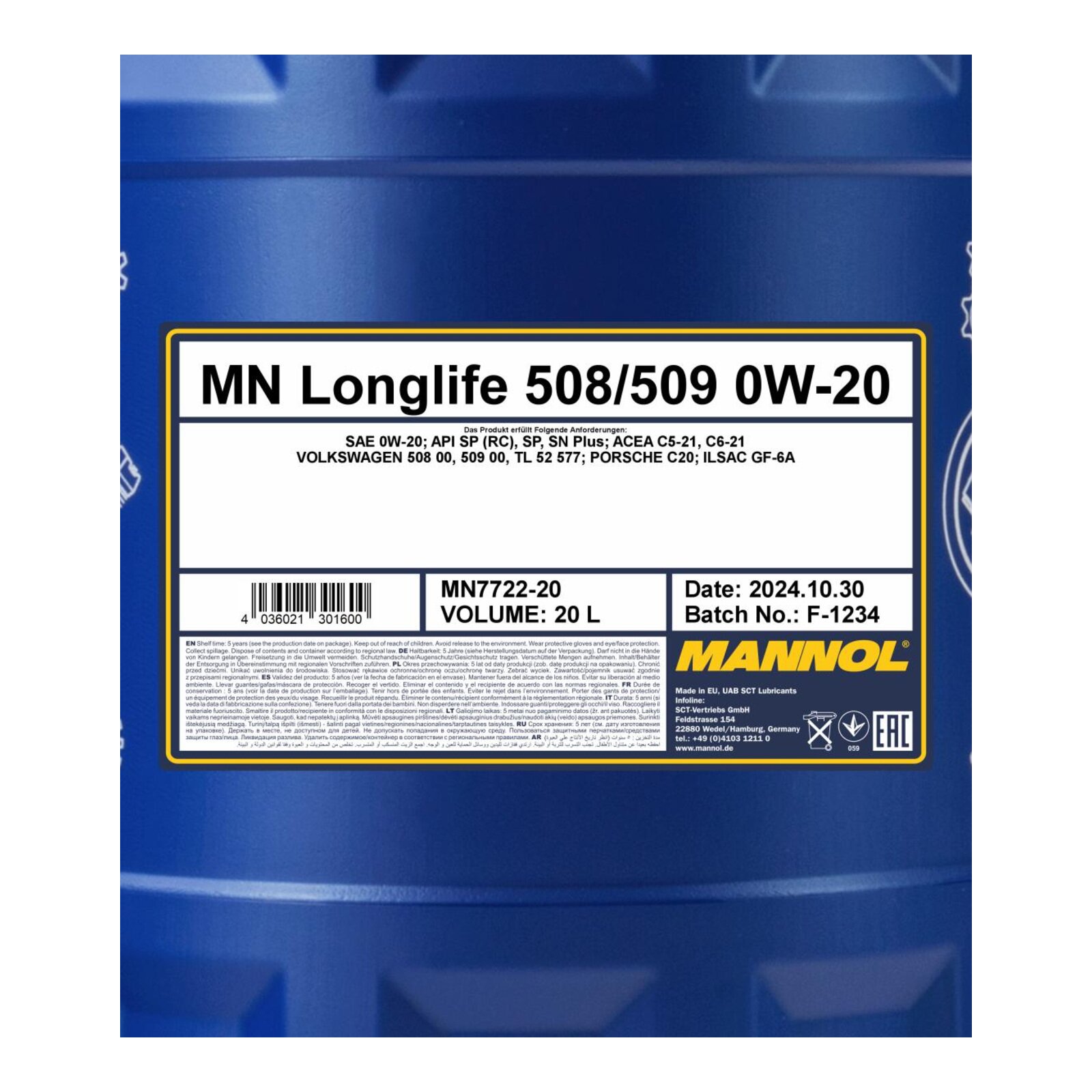 MANNOL MN7722-20 Motor&ouml;l Longlife 508/509 0W-20 20 Liter
