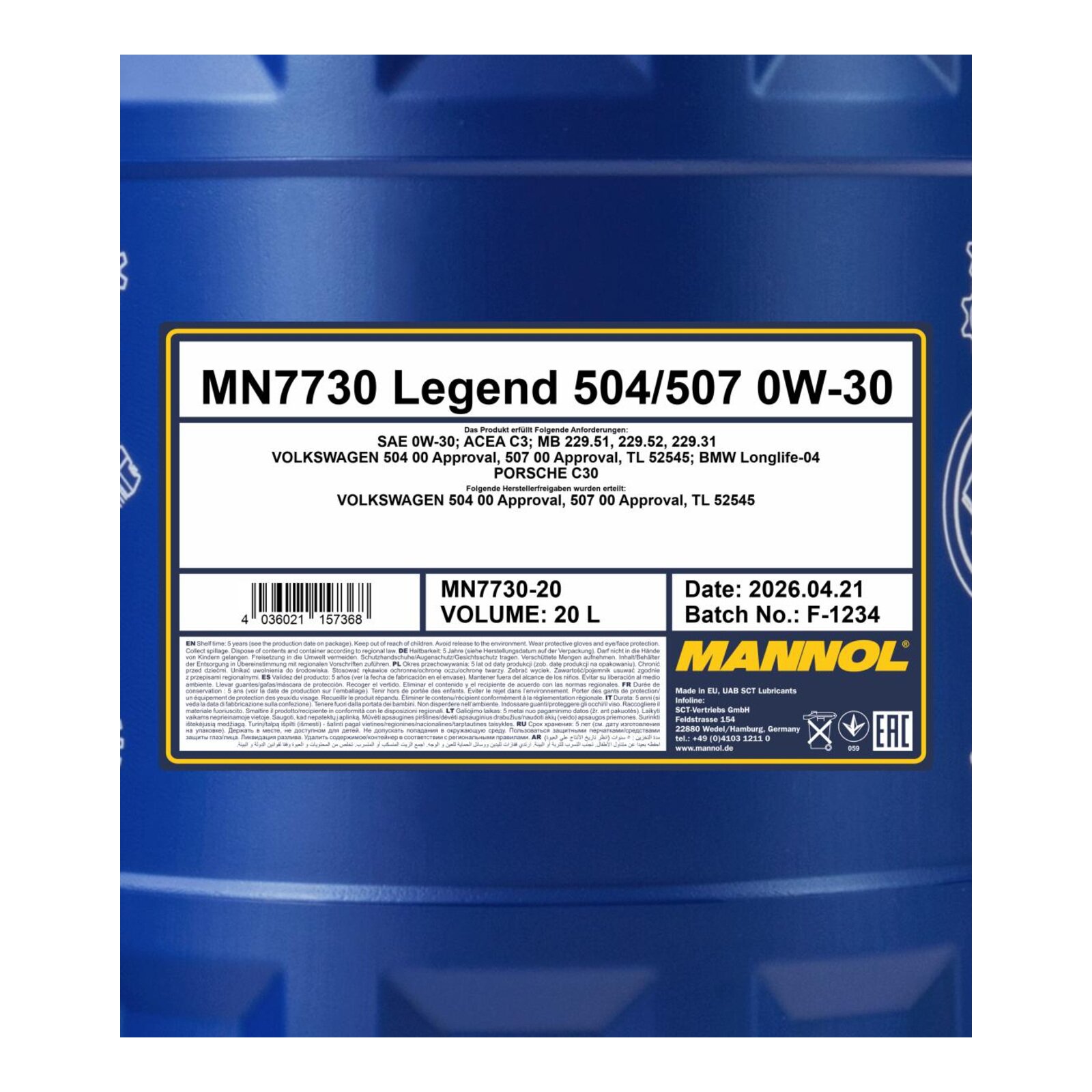 MANNOL MN7730-20 Motor&ouml;l Legend 504/507 0W-30 20 Liter