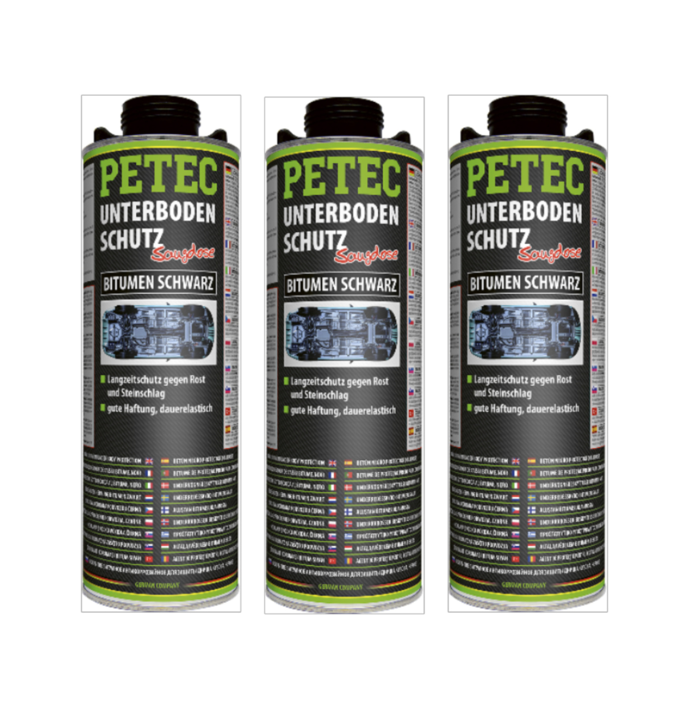 PETEC 3x 73110 Unterbodenschutz Bitumen Saugdose Schwarz 1000 ml Rostschutz