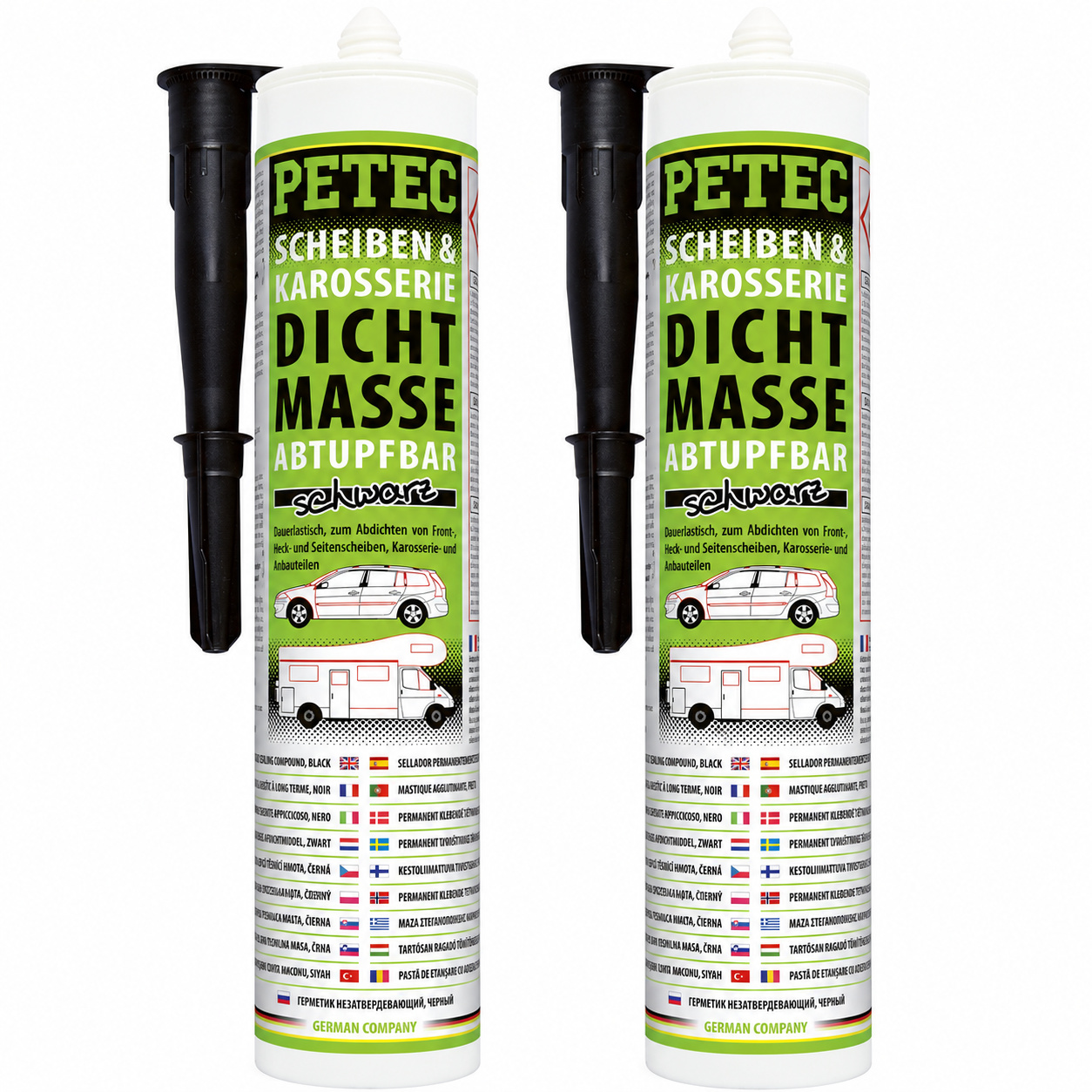 PETEC 2x 83300 Scheiben & Karosseriedichtmasse Schwarz 310 ml Butyl Dichtmasse