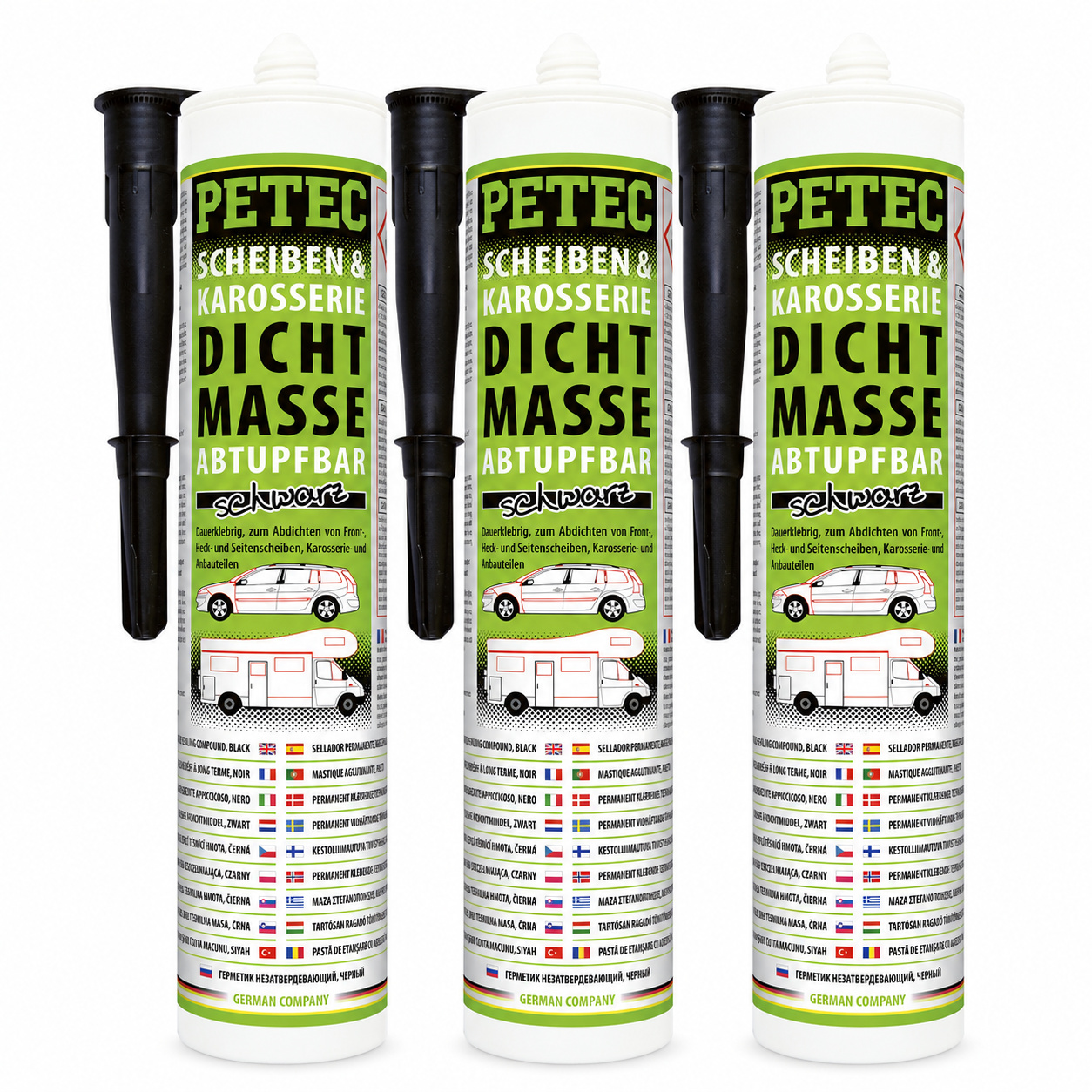 PETEC 3x 83300 Scheiben & Karosseriedichtmasse Schwarz 310 ml Butyl Dichtmasse