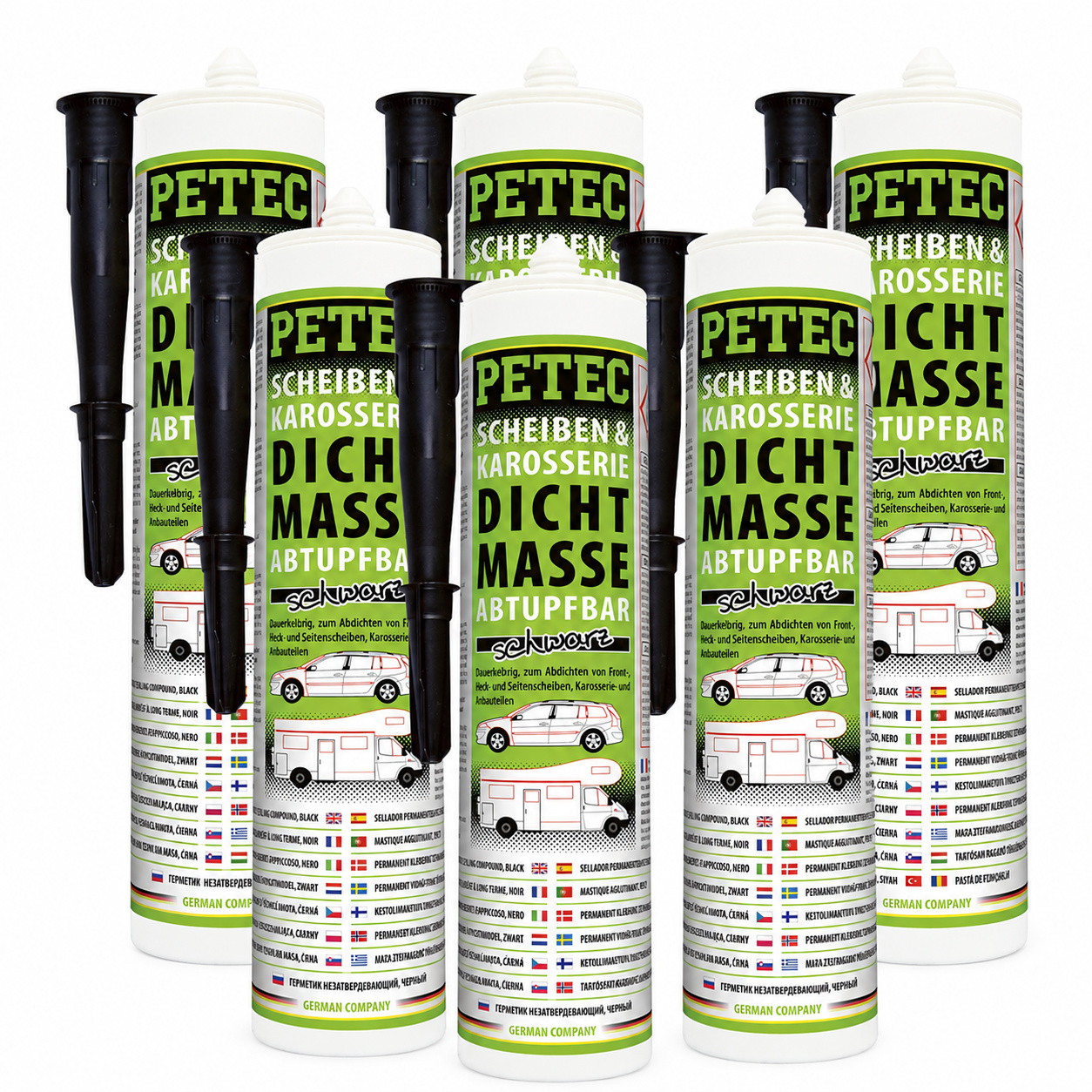 PETEC 6x 83300 Scheiben & Karosseriedichtmasse Schwarz 310 ml Butyl Dichtmasse