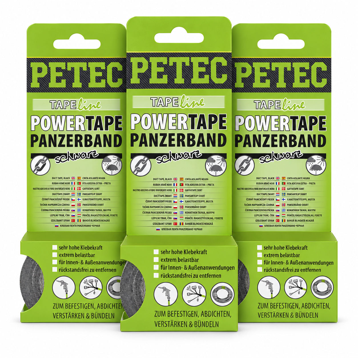 PETEC 3x 86105 POWER Tape Panzerband Schwarz 50mm x 5m Gewebeband Klebeband