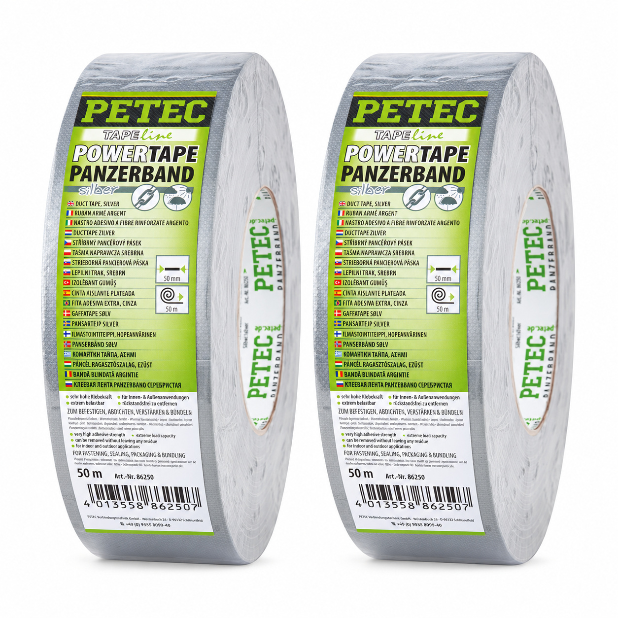 PETEC 2x 86250 POWER Tape Panzerband Silber 50mm x 50m Gewebeband