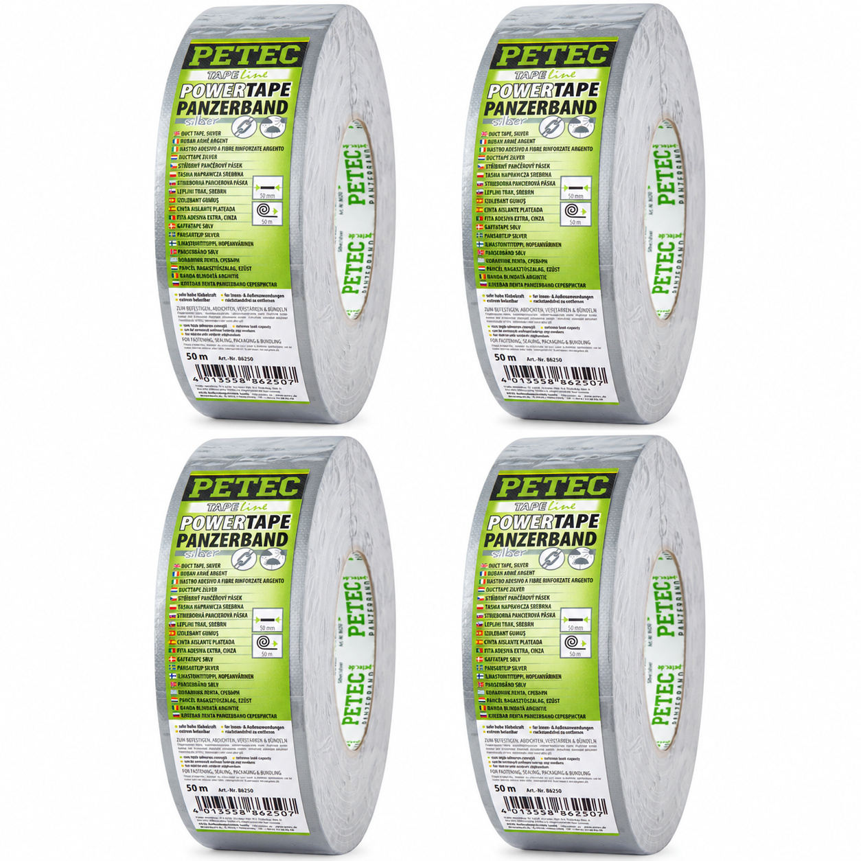 PETEC 4x 86250 POWER Tape Panzerband Silber 50mm x 50m Gewebeband