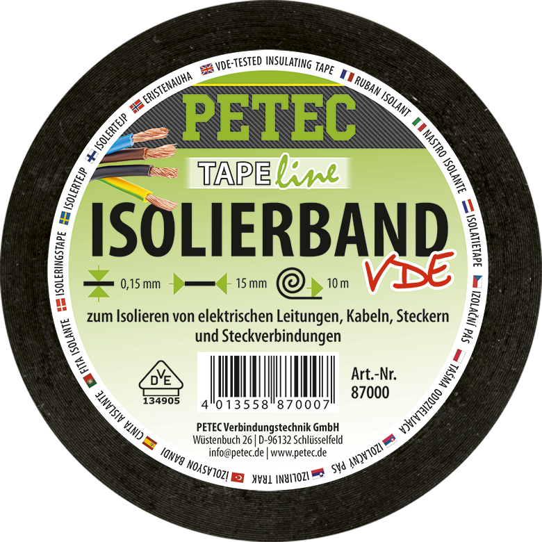 PETEC 10x 87000 Isolierband Schwarz 15mm x 0,15mm x 10m Elektro Isolierband