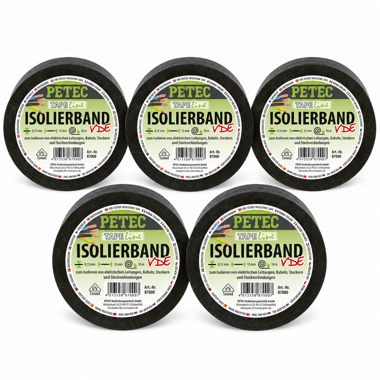 PETEC 5x 87000 Isolierband Schwarz 15mm x 0,15mm x 10m Elektro Isolierband