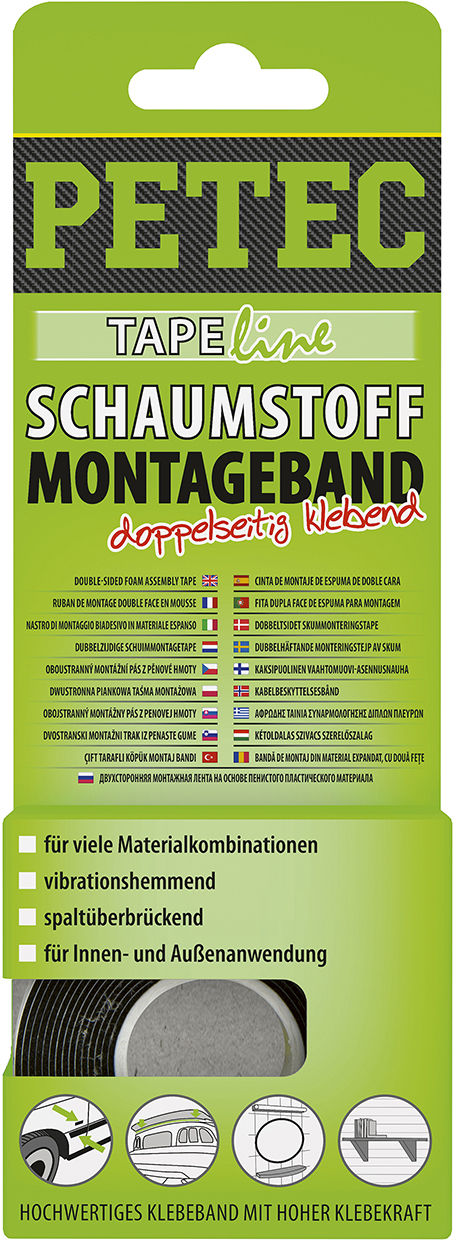 PETEC 3x 87122 Schaumstoff Montageband Schwarz 12x1mm x 2m Klebeband