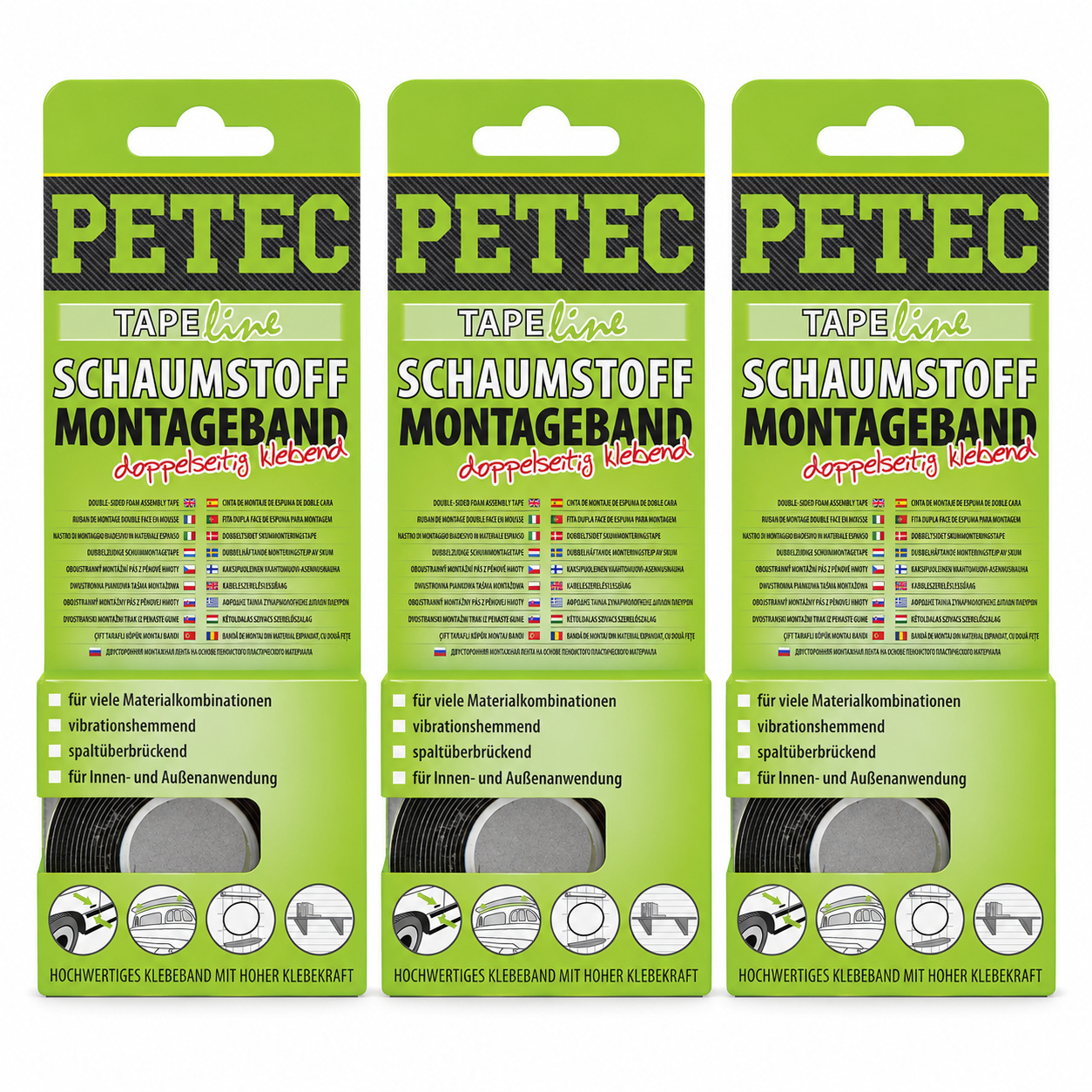 PETEC 3x 87122 Schaumstoff Montageband Schwarz 12x1mm x 2m Klebeband