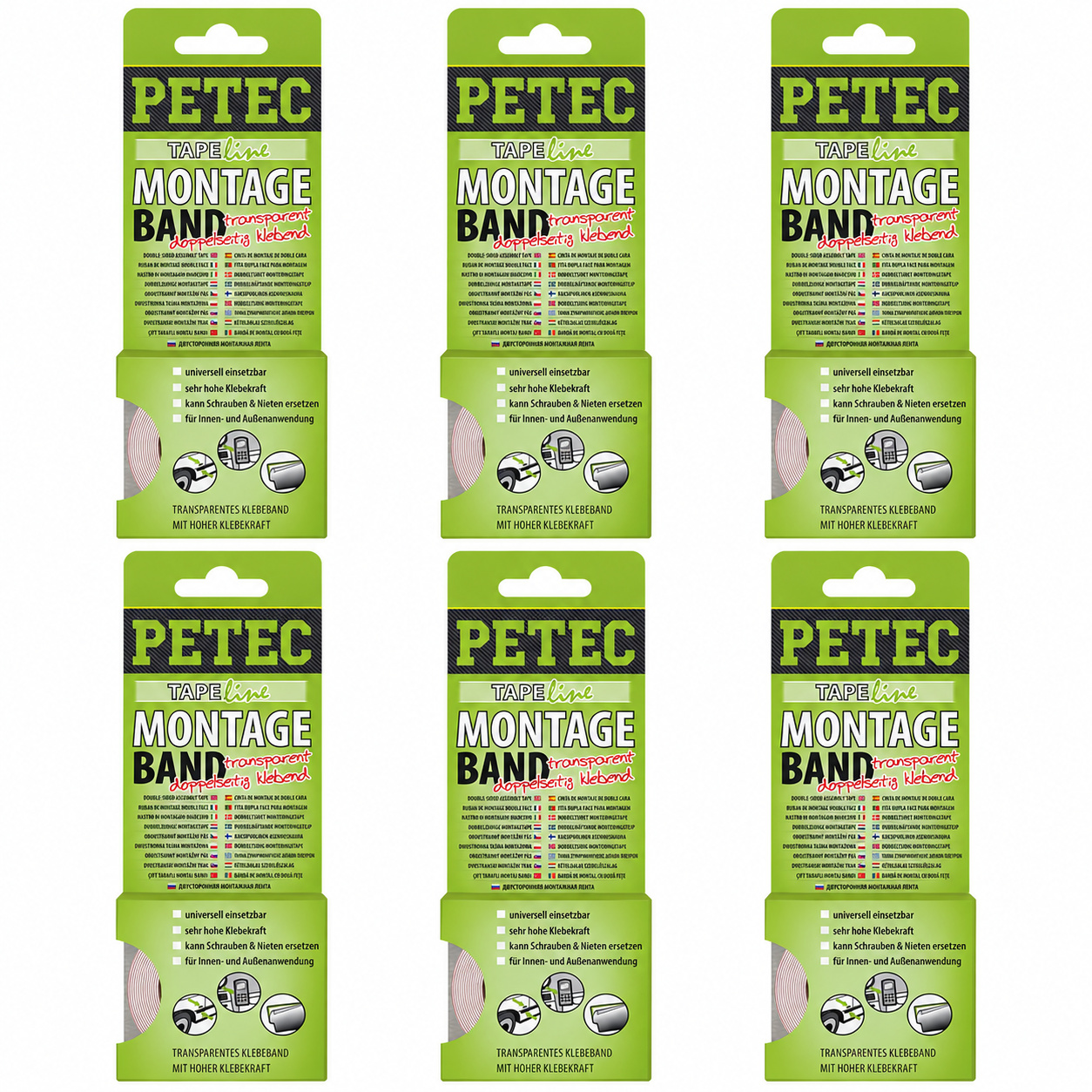 PETEC 6x 87192 Montageband Transparent 19mm x0,2mm x2m Doppelseitiges Klebeband