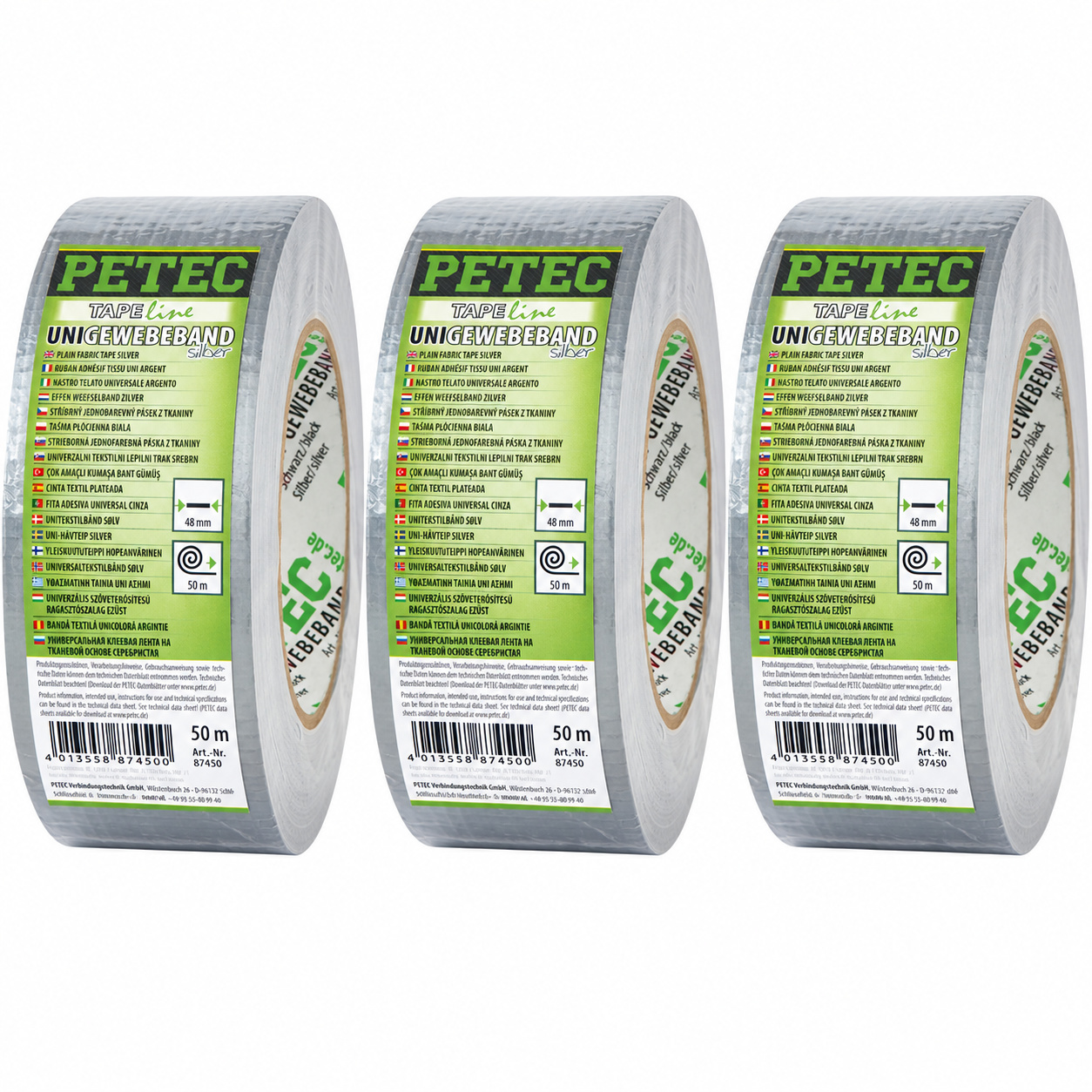 PETEC 3x 87450 Uni Gewebeband Silber 48mm x 50m Gewebeklebeband Klebeband