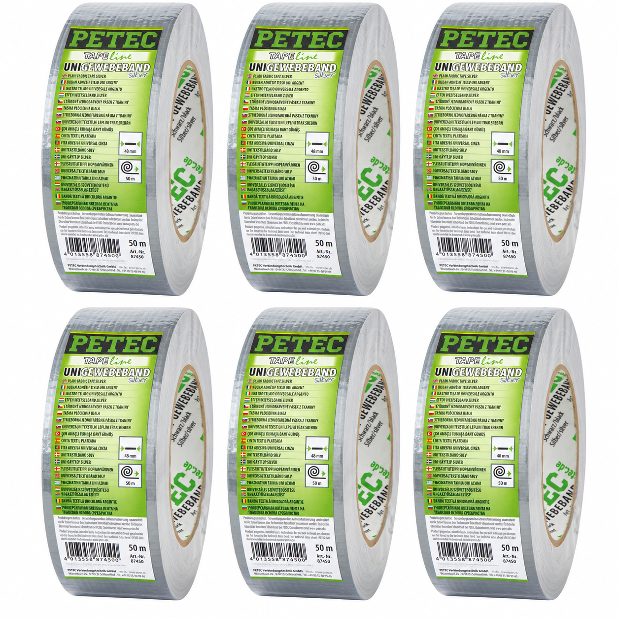 PETEC 6x 87450 Uni Gewebeband Silber 48mm x 50m Gewebeklebeband Klebeband