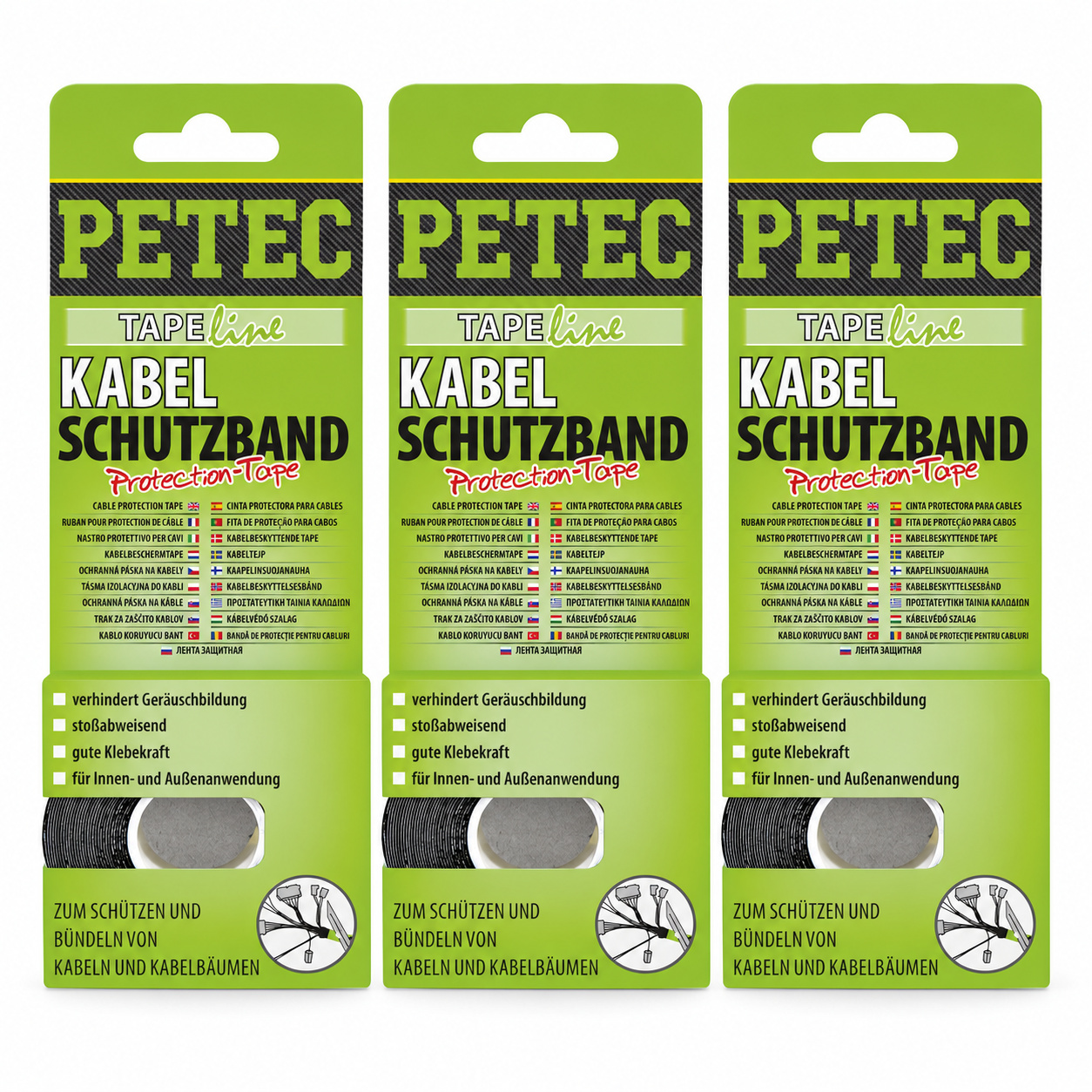 PETEC 3x 87500 Kabelschutzband Protection Tape Schwarz 19mm x 0,3mm x 10m Kabel