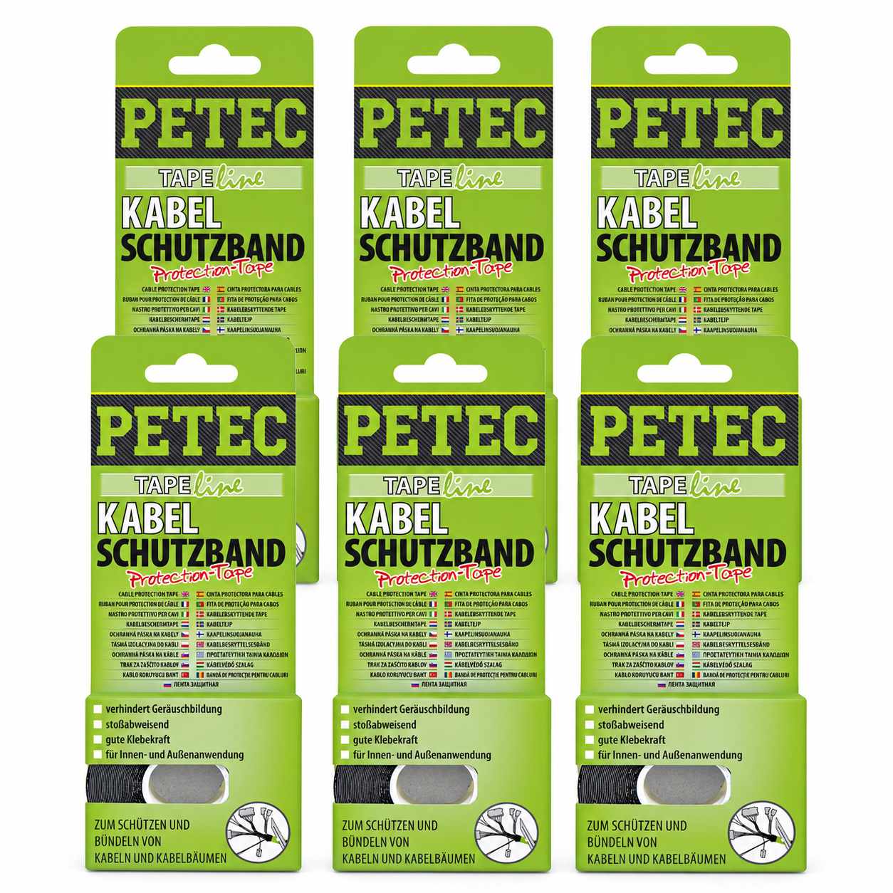 PETEC 6x 87500 Kabelschutzband Protection Tape Schwarz 19mm x 0,3mm x 10m Kabel