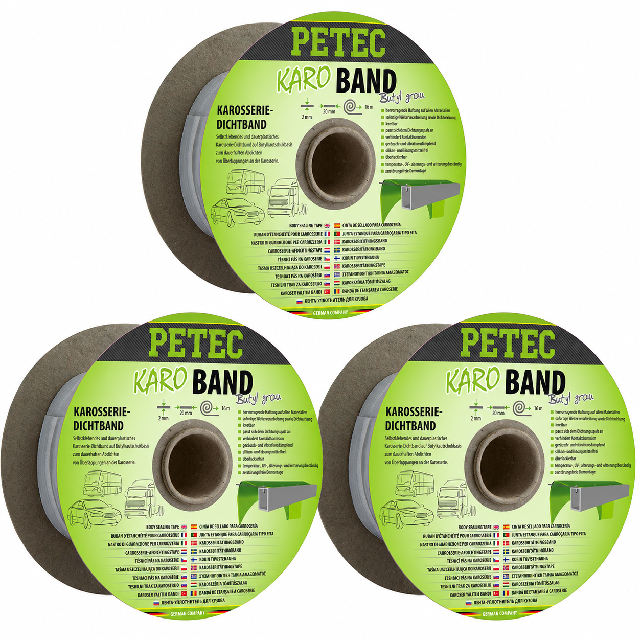 PETEC 3x 87520 Karo Band Karosseriedichtband Butyl Grau 2x20mm x 16m Dichtband