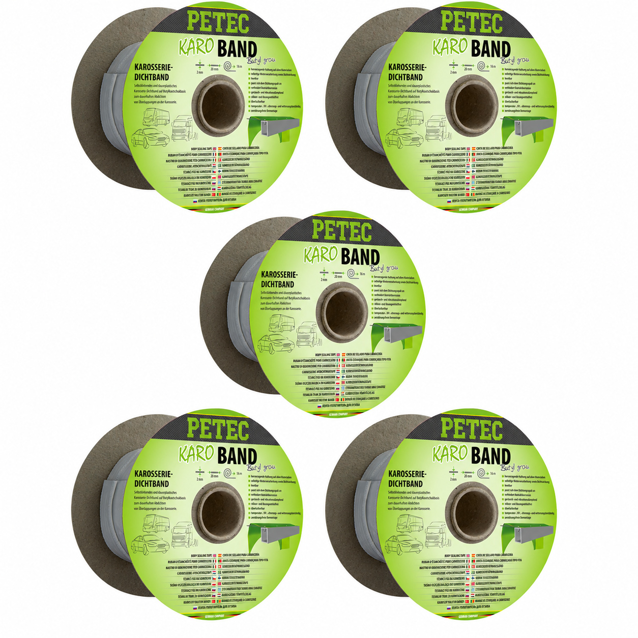 PETEC 5x 87520 Karo Band Karosseriedichtband Butyl Grau 2x20mm x 16m Dichtband