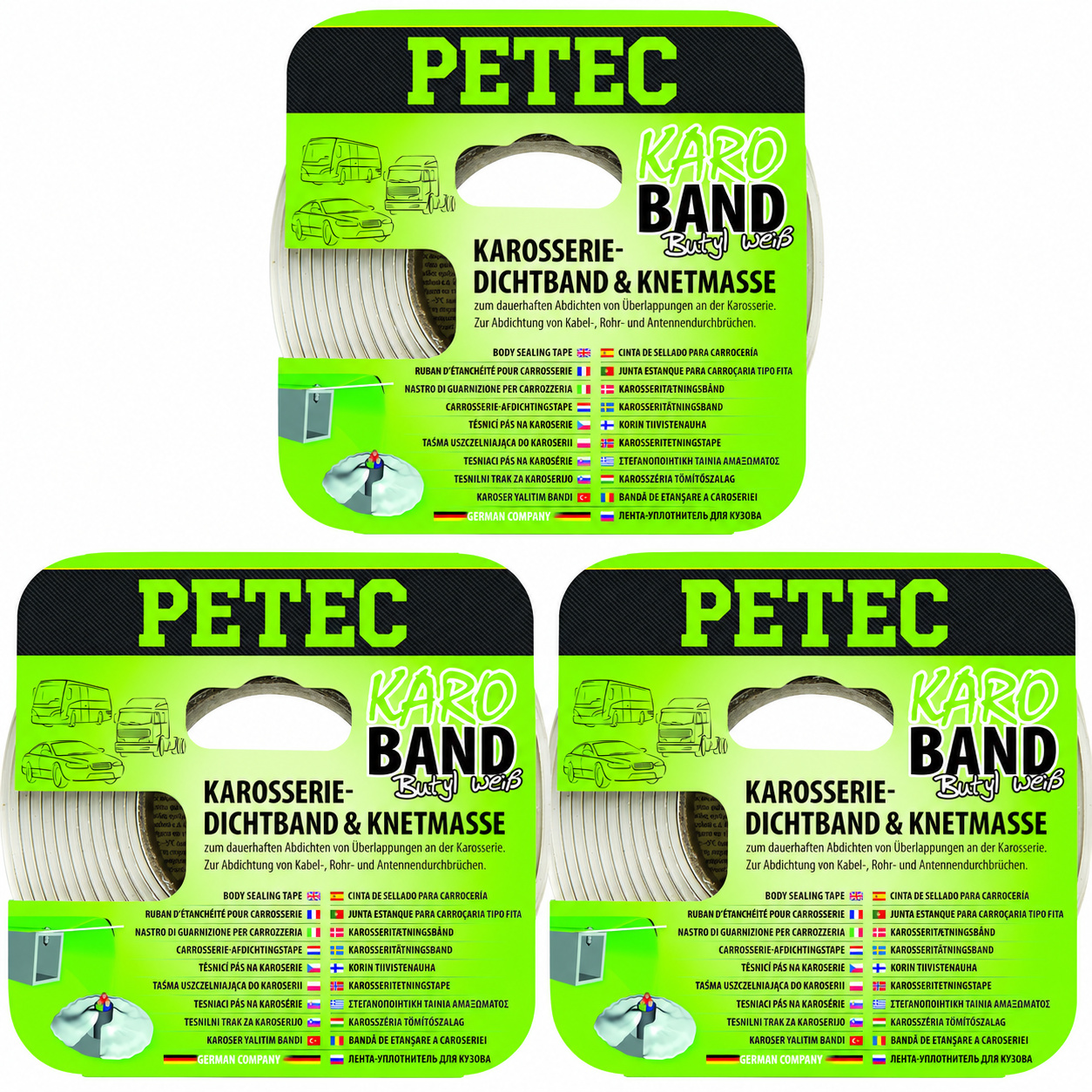 PETEC 3x 87530 Karo Band Karosseriedichtband Butyl Wei&szlig; 2x20mm x 3m Dichtband