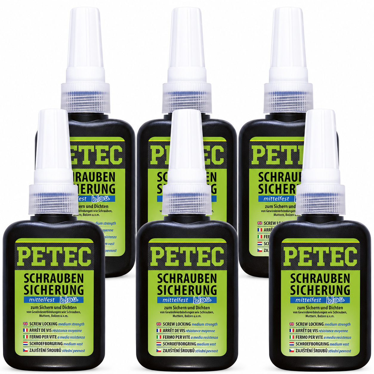 PETEC 6x 91050 Schraubensicherung mittelfest blau 50 g Schraubenkleber