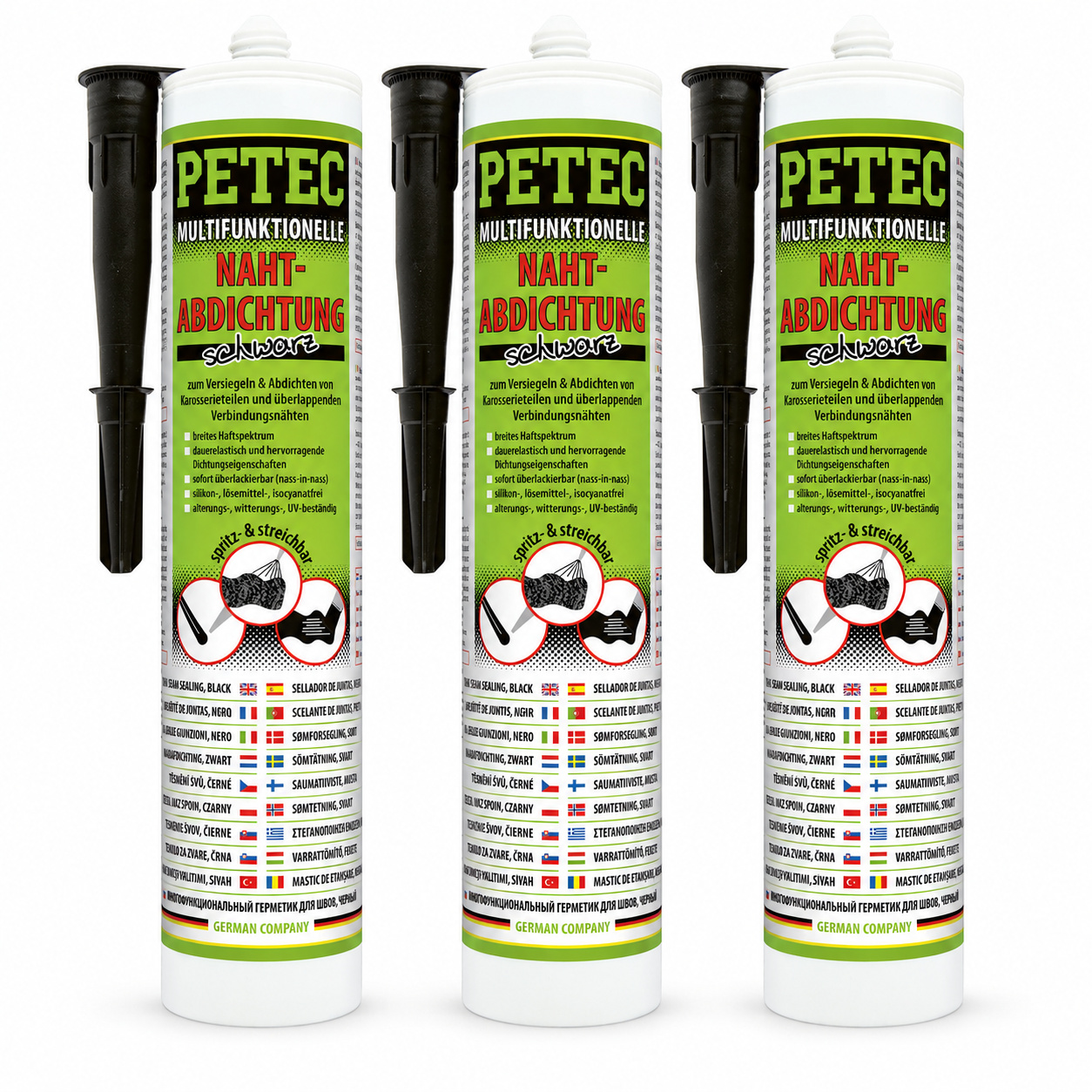 PETEC 3x 94231 Multifunktionelle Nahtabdichtung Schwarz 310 ml &Uuml;berlackierbar