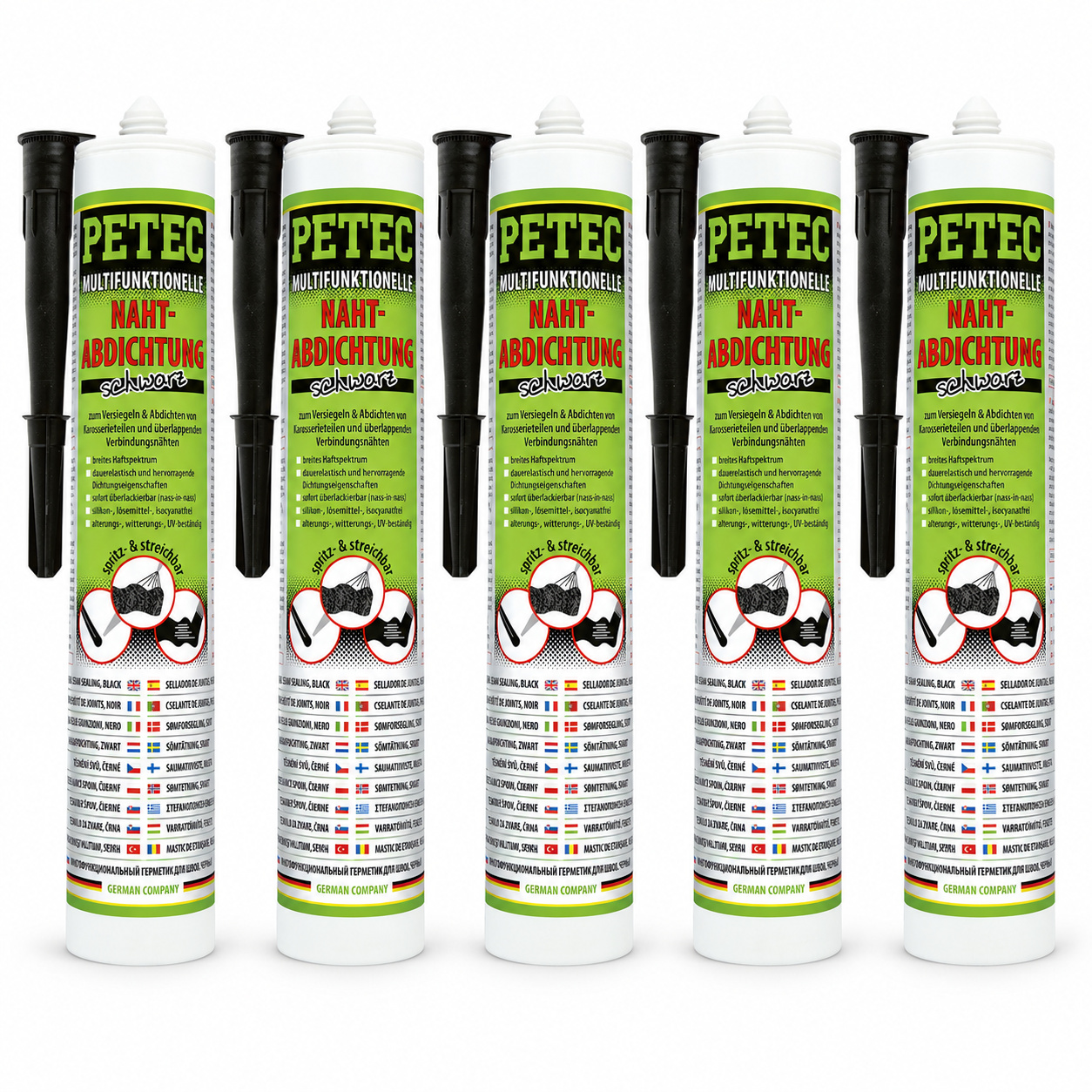 PETEC 5x 94231 Multifunktionelle Nahtabdichtung Schwarz 310 ml &Uuml;berlackierbar