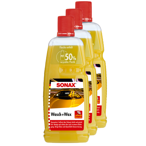 SONAX 03133410 Wasch+Wax Autoshampoo Wachs Lackpflege Reinigung Glanz 3x 1 Liter