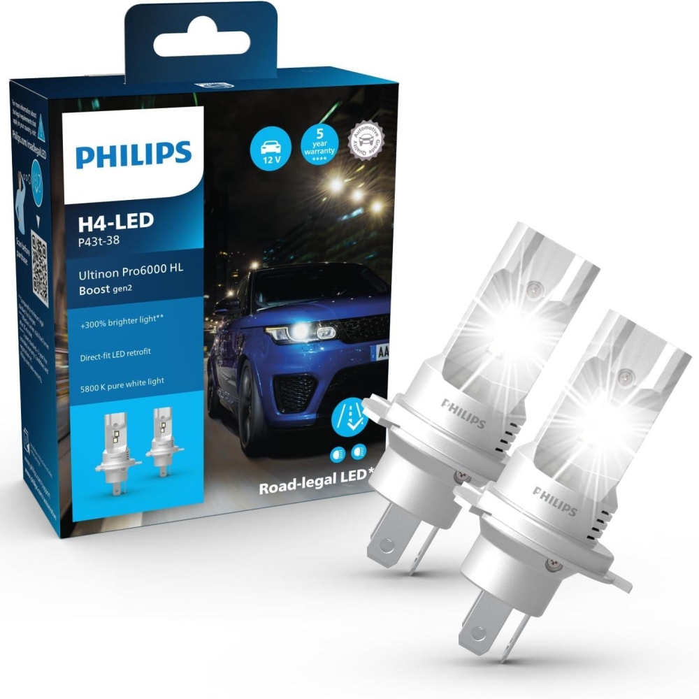 Philips Ultinon Pro6000 Boost gen2 Direct-fit H4-LED Scheinwerferlampe mit Straßenzulassung*, +300% helleres Licht
