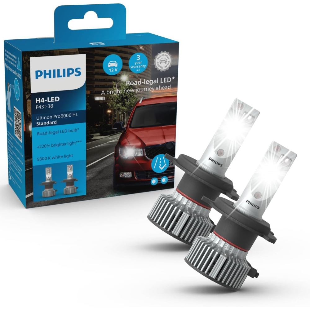 Philips Ultinon Pro6000 Standard H4-LED Scheinwerferlampe mit Straßenzulassung*, +220% helleres Licht