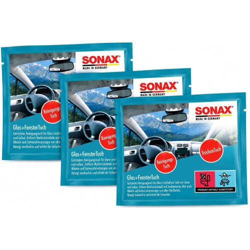 SONAX 04181000 WachsEntferner 2-in-1 Tuchset Reinigungst&uuml;cher Fenstertuch 3 St.