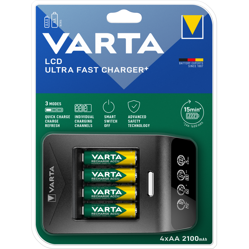VARTA LCD Ultra Fast Charger+ Batterieladegerät + 4x AA 56706 2100mAh Batterien
