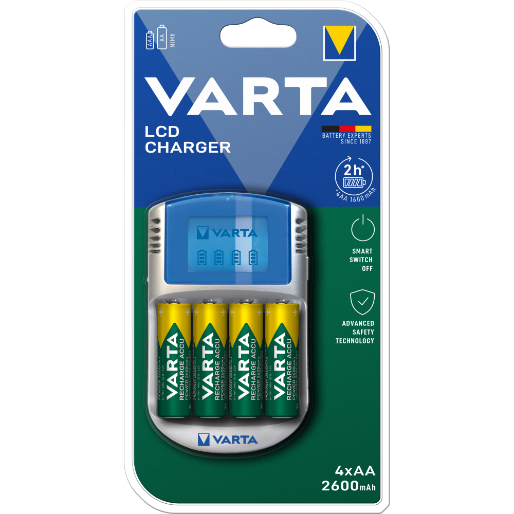VARTA LCD Charger 12V Akku Ladegerät geeignet für AA, AAA mit 4x AA Batterien