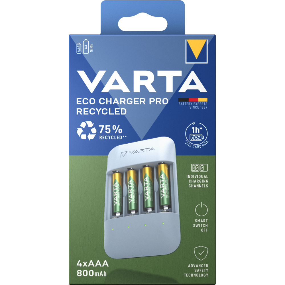 VARTA Eco Charger Pro Recycled Ladegerät & 4x AAA Batterien 800 mAh Box
