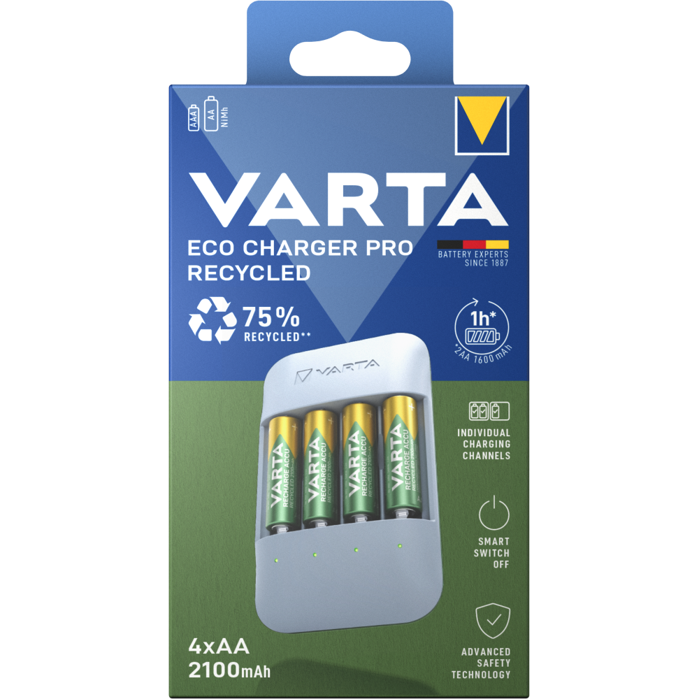 VARTA Eco Charger Pro Recycled Ladegerät & 4x AA Batterien 2100 mAh Box