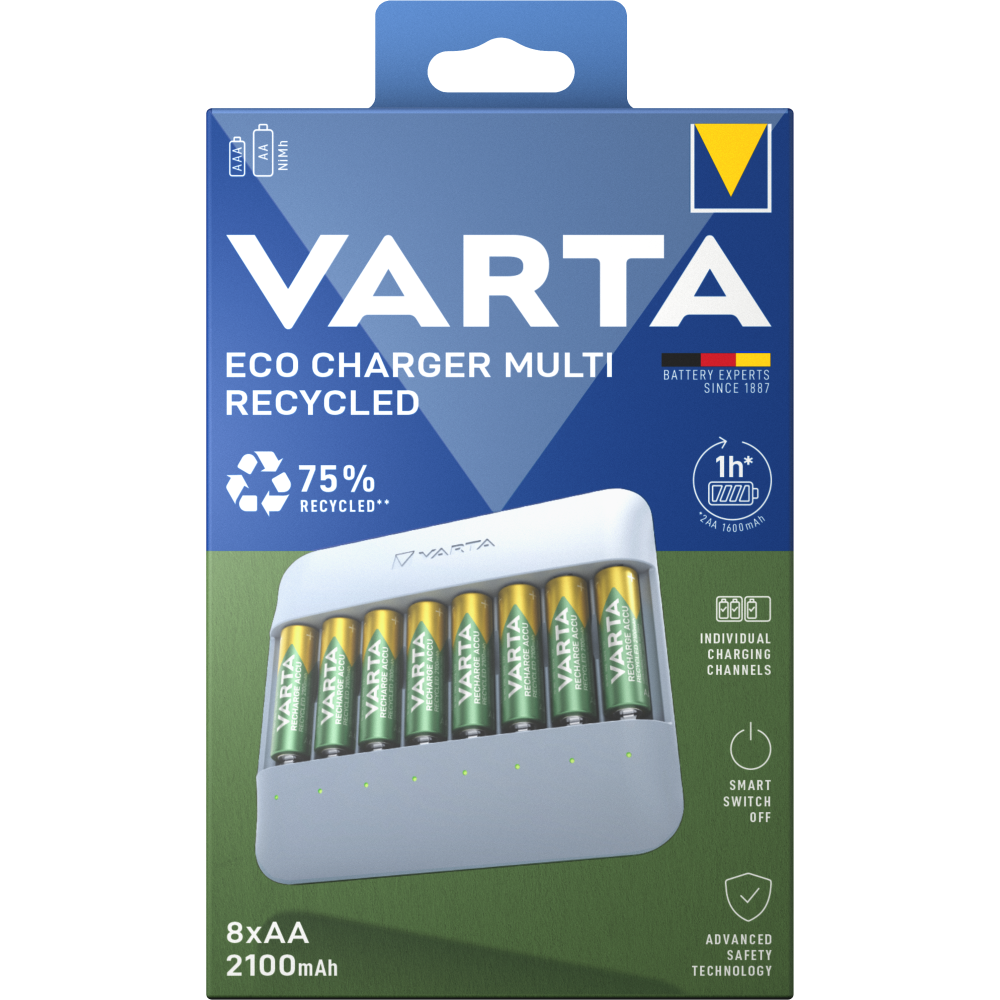 VARTA Eco Charger Multi Recycled Ladegerät & 8x AA Batterien 2100 mAh Box