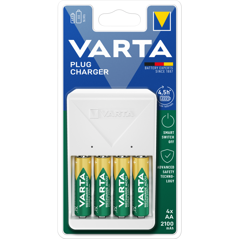 VARTA Mini Charger Ladegerät lädt 2 AA/AAA gleichzeitig & 4x AA Batterien