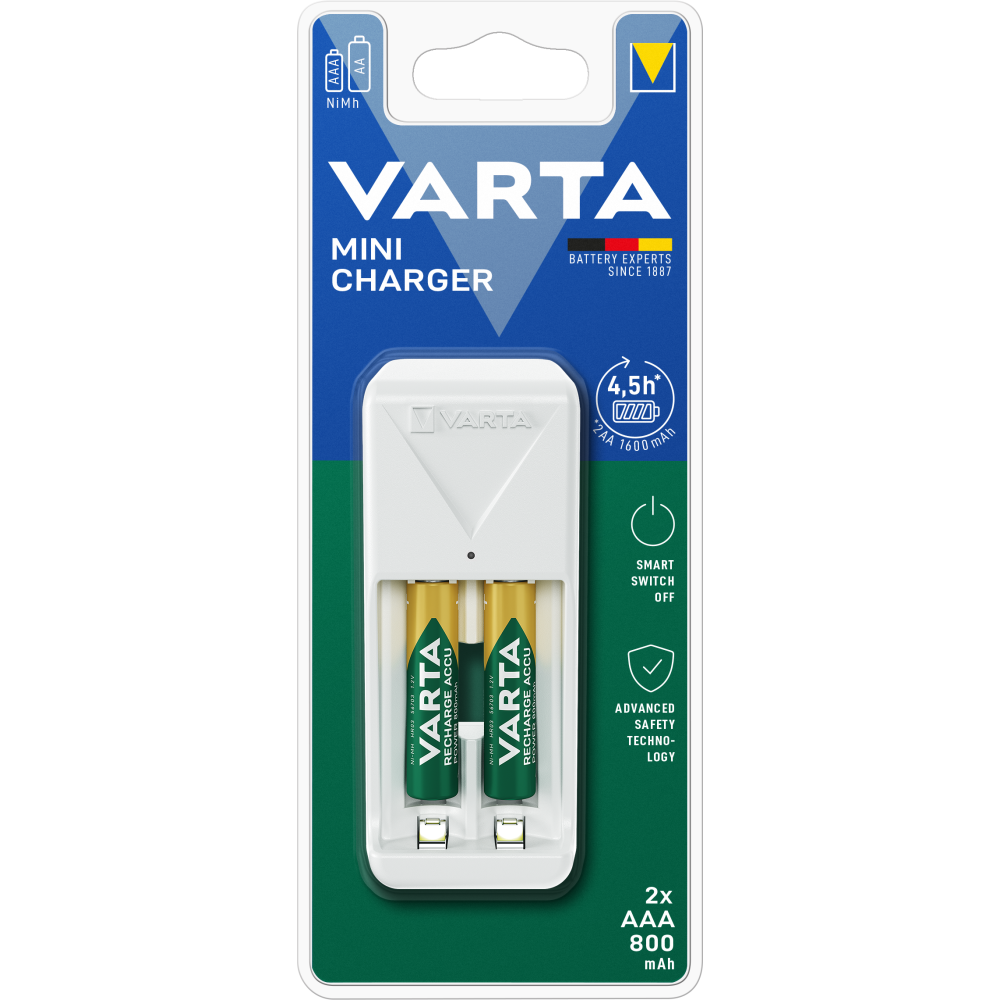 VARTA Mini Charger Ladegerät lädt 2 AA/AAA gleichzeitig & 2x AAA Batterien