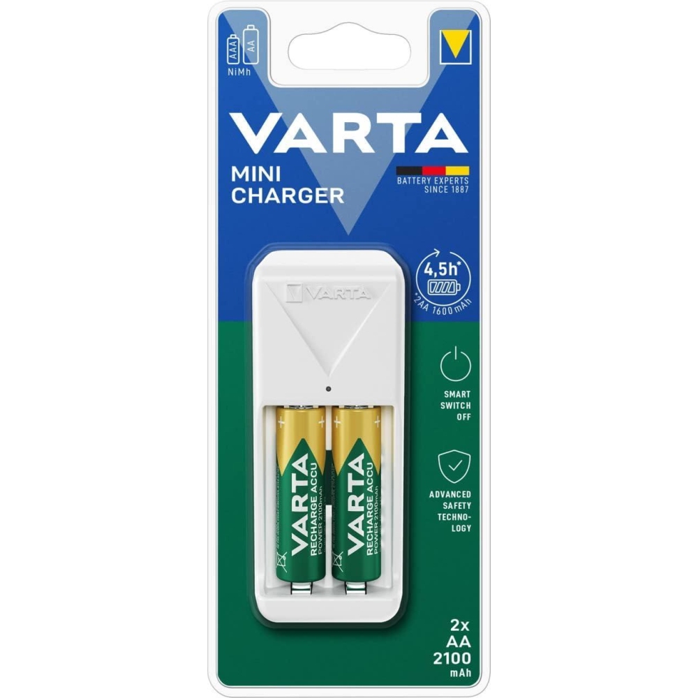 VARTA Mini Charger Ladegerät lädt 2 AA/AAA gleichzeitig & 2x AA Batterien