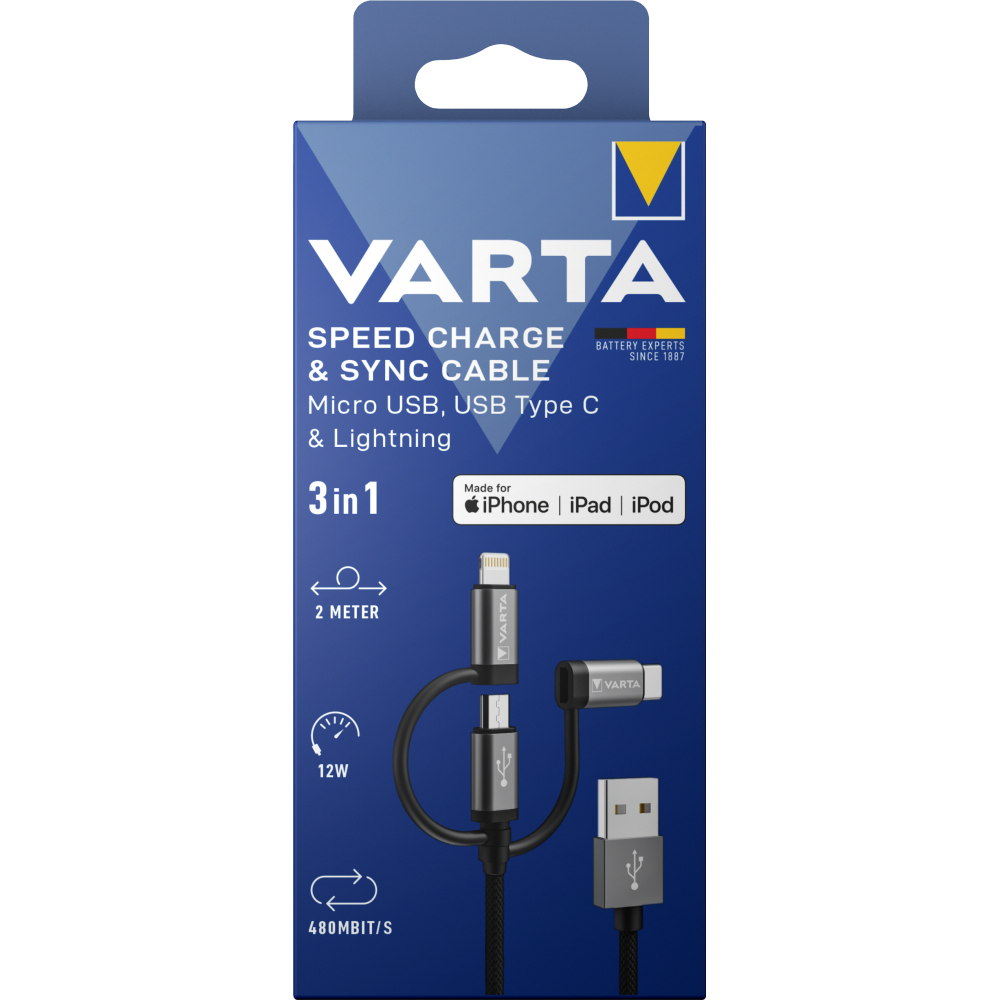VARTA Speed Charge & Sync Kabel: 3in1 USB A Lightning/Micro/Type C Box Ladekabel