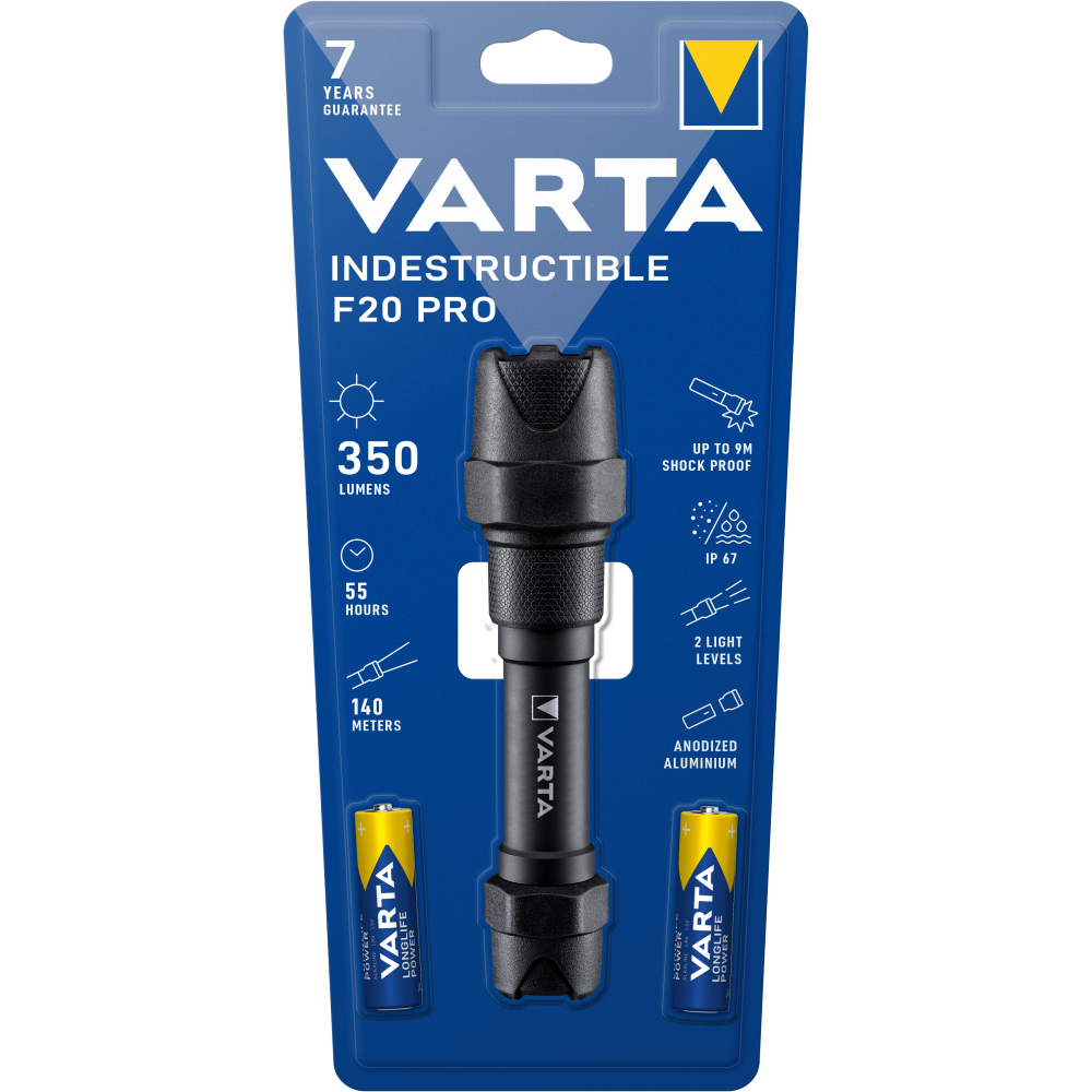 VARTA Indestructible F20 Pro Taschenlampe Lampe Handlampe mit 2x AA Batterien