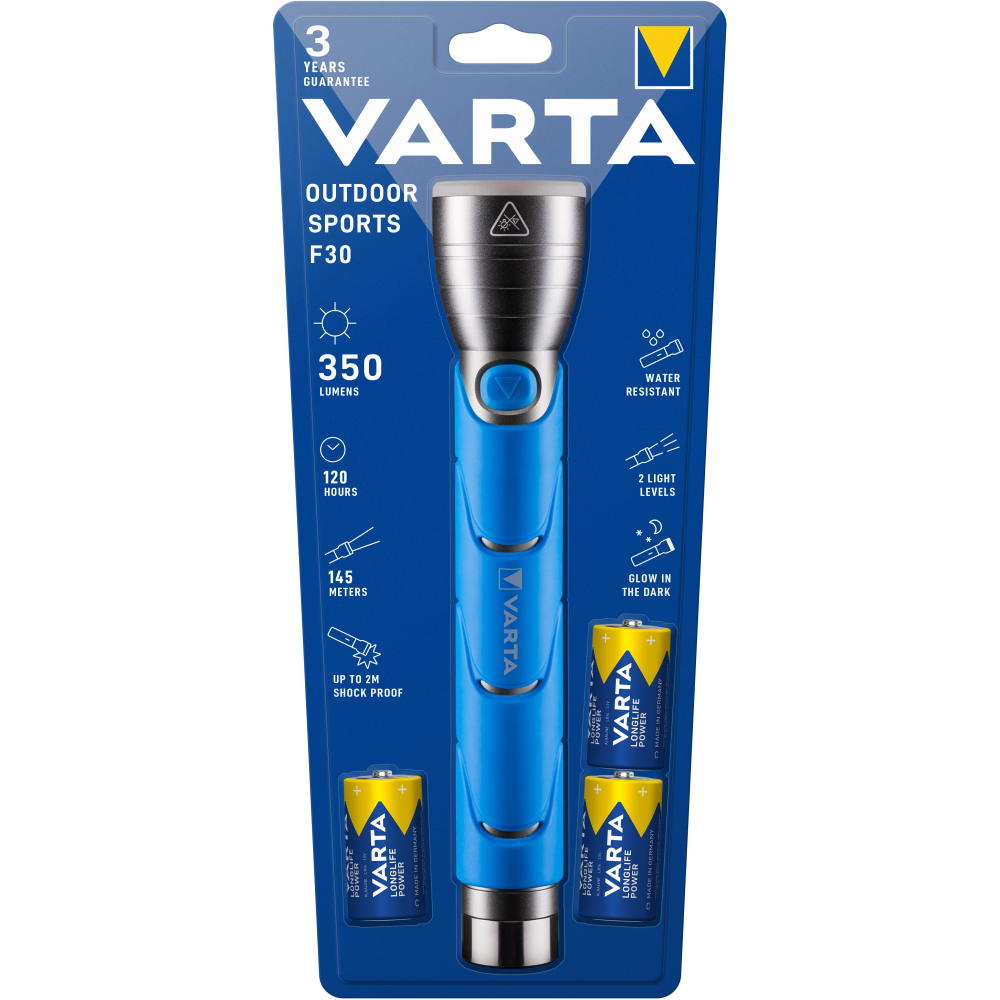 VARTA Outdoor Sports F30 Taschenlampe Lampe Handlampe mit 3x C Batterien