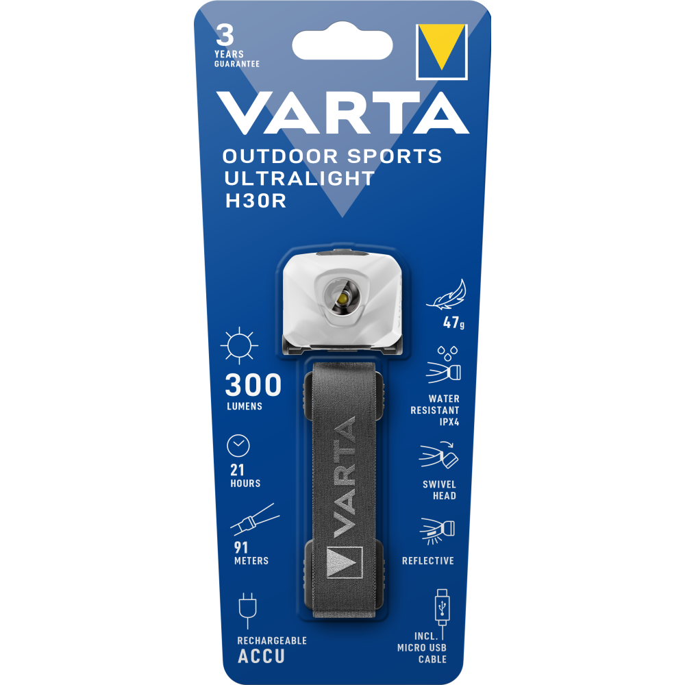 VARTA Outdoor Sports Ultralight H30R Lampe Stirnlampe mit Akku, weiß