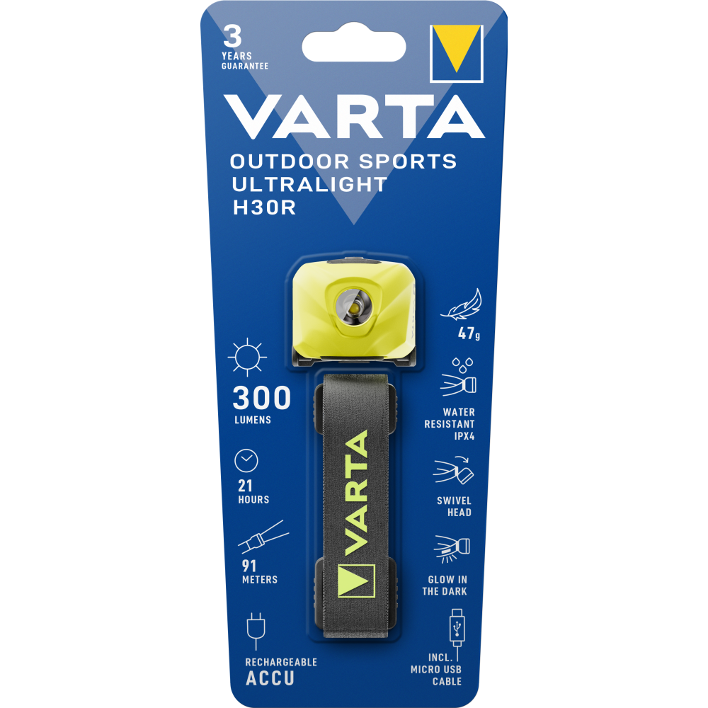 VARTA Outdoor Sports Ultralight H30R Lampe Stirnlampe mit Akku, lime