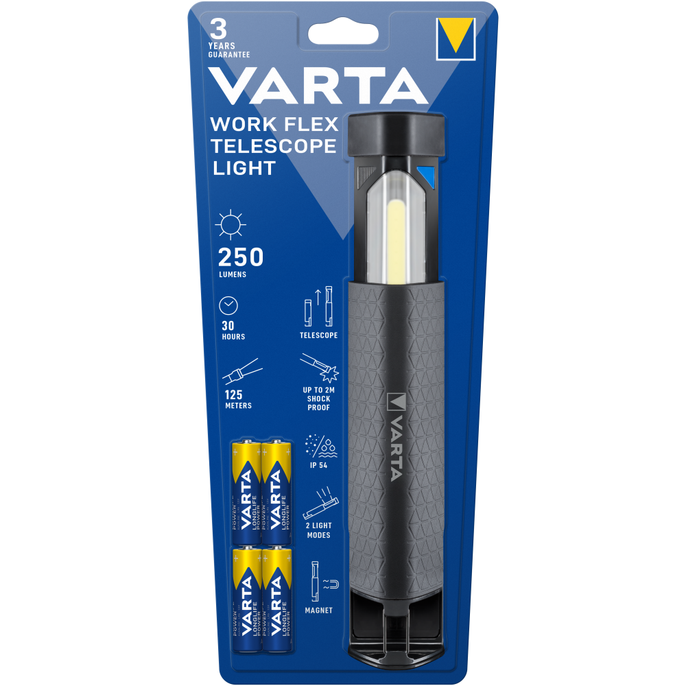 VARTA Work Flex Telescope Light Arbeitsleuchte Taschenlampe mit 4x AA Batterien