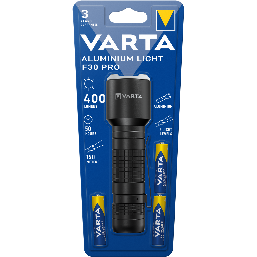 VARTA Aluminium Light F30 Pro Taschenlampe Lampe Handlampe mit Batterie 3x AAA