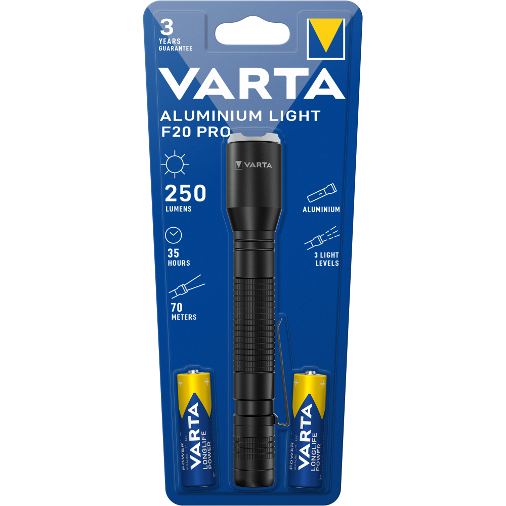 VARTA Aluminium Light F20 Pro Taschenlampe Lampe Handlampe mit Batterie 2x AA