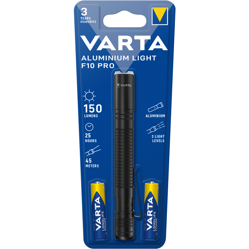 VARTA Aluminium Light F10 Pro Taschenlampe Lampe Handlampe mit Batterie 2x AAA