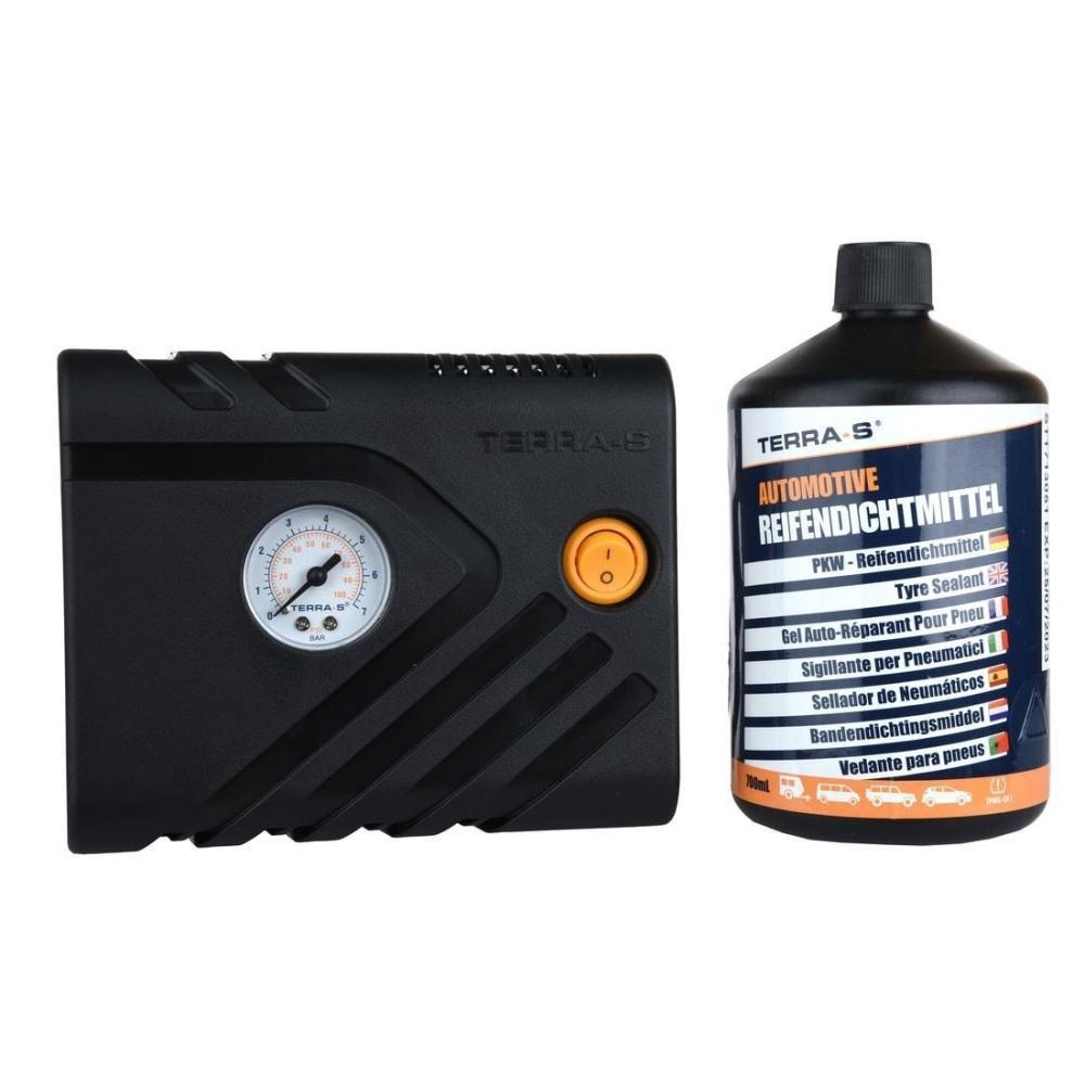 TERRA-S T56001 Reparaturkit für Reifenpannen, Standardausrüstung, Notfallausrüstung, mit Dichtmittel und Reifenpumpe, geeignet für Autos und andere Kraftfahrzeuge, Reparatur in 15 Minuten